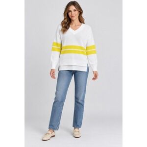 White + Warren Womens V-Neck Striped Knit Sweater White Yellow Size M C132